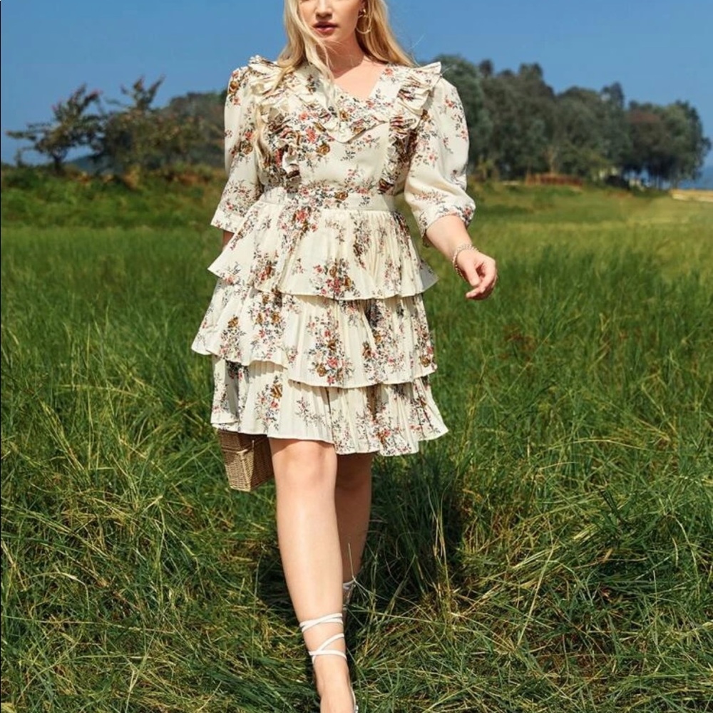Women’s Floral Puff Sleeve Layered Floral Dress